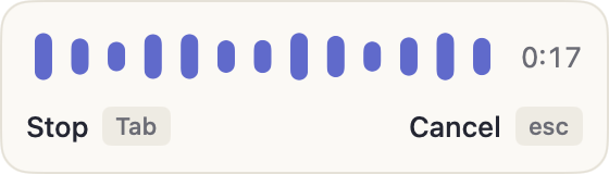 The large dictation bar: voice waveform, timer and the Stop and Cancel hints