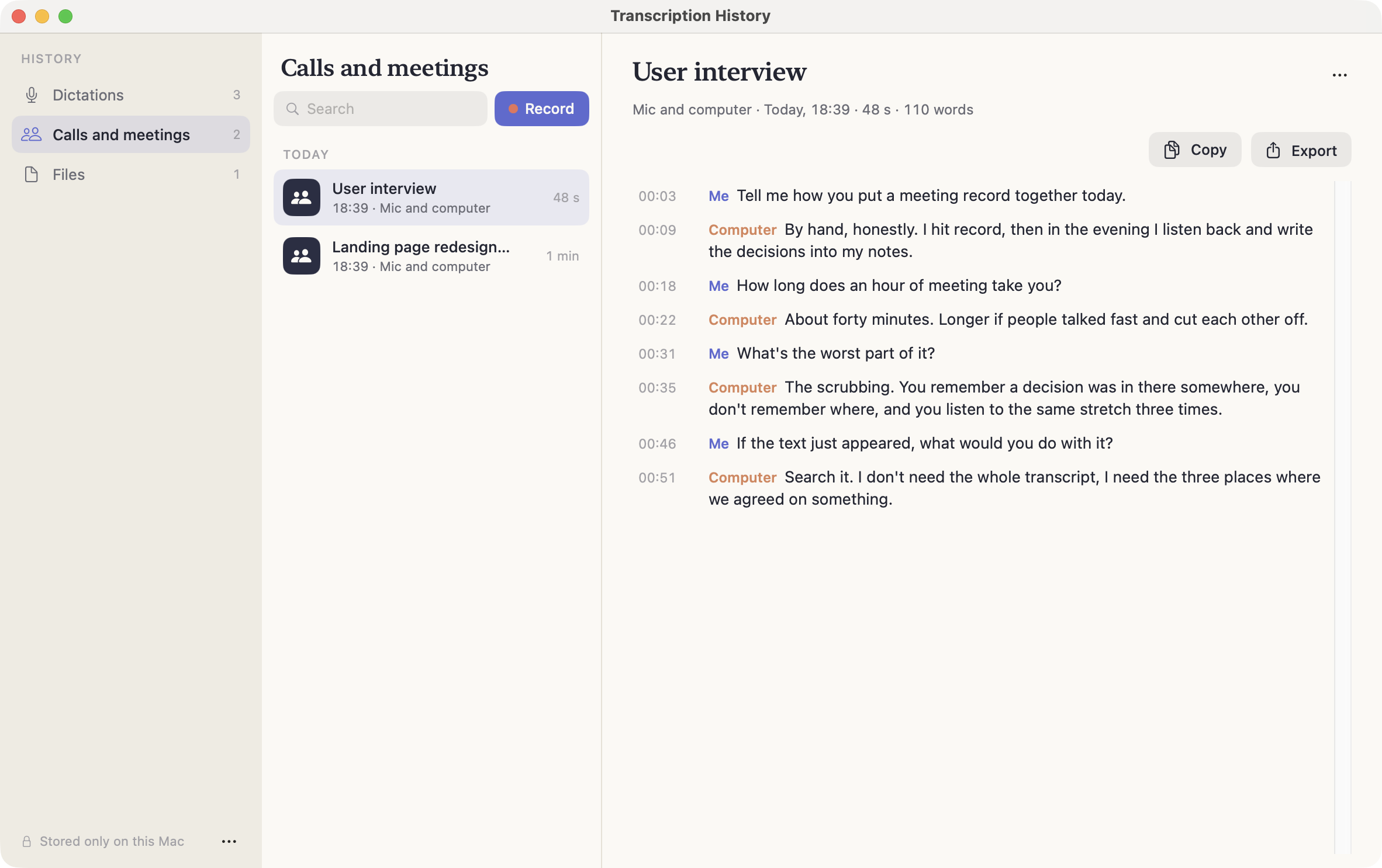 The Calls and meetings section: the list of recordings on the left, the transcript with timecodes and source labels on the right