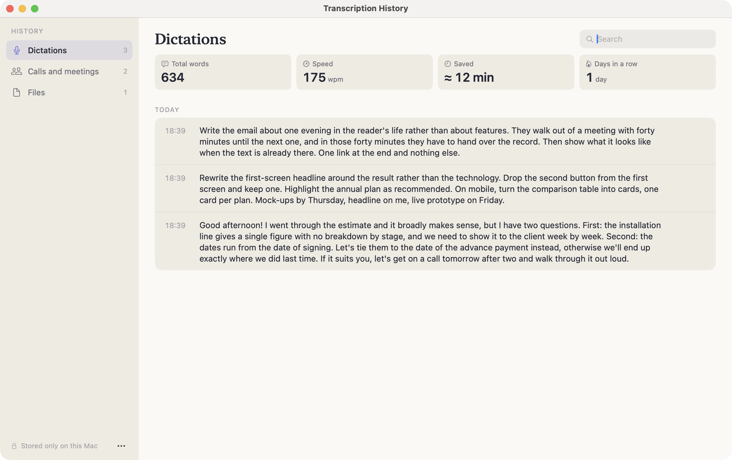 The Dictations section of History: word and speed counters on top, today's entries below