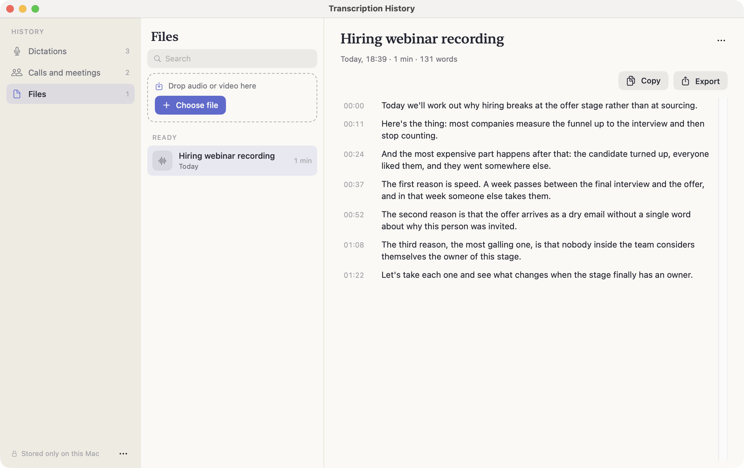 The Files section of History: the drop zone, the Choose file button and a finished transcript with timecodes