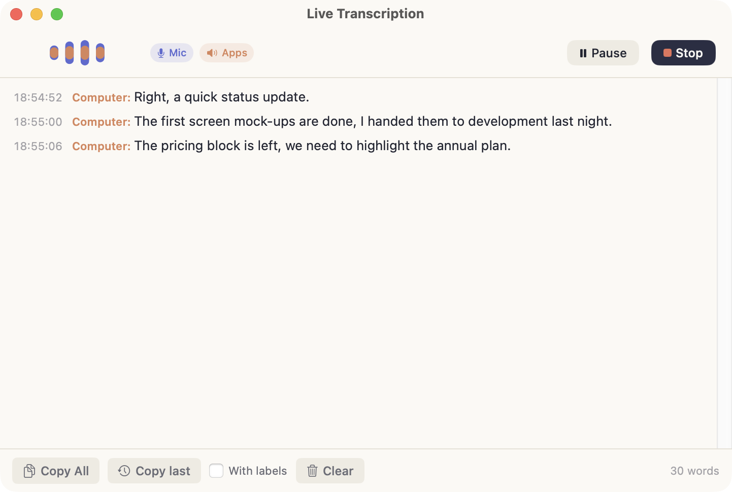 The live transcription window: Mic and Apps sources, Pause and Stop buttons, lines carrying a time and a source label
