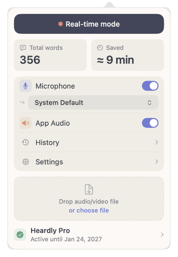The Heardly menu bar panel: record button, microphone and app audio switches, word statistics and a file drop zone