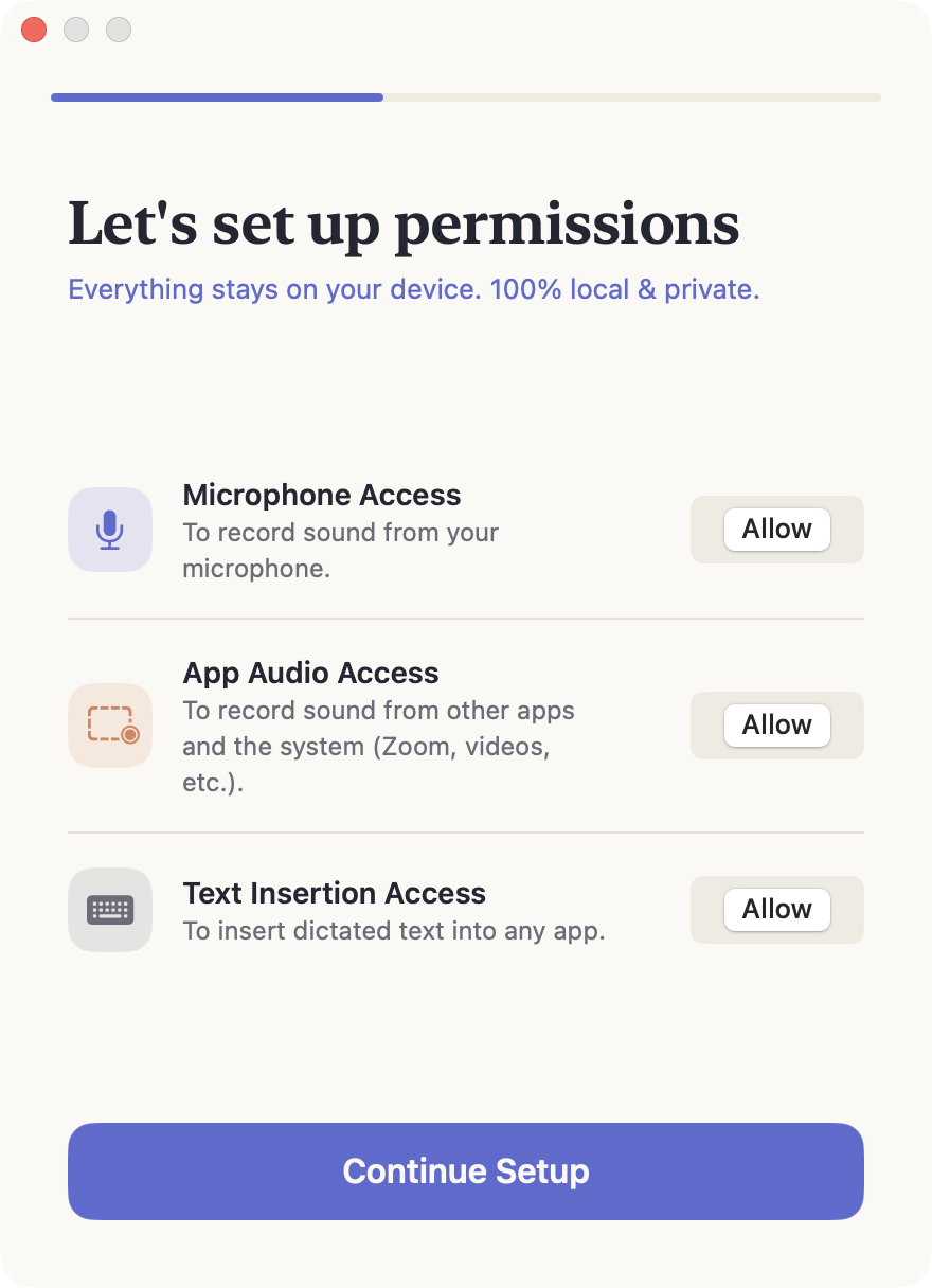 The permissions step of onboarding: microphone, app audio and text insertion, each with its own Allow button