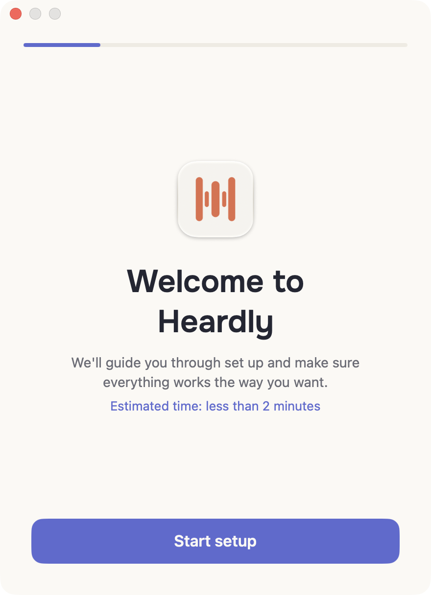 The first onboarding screen: the Heardly icon, a welcome line and the Start setup button