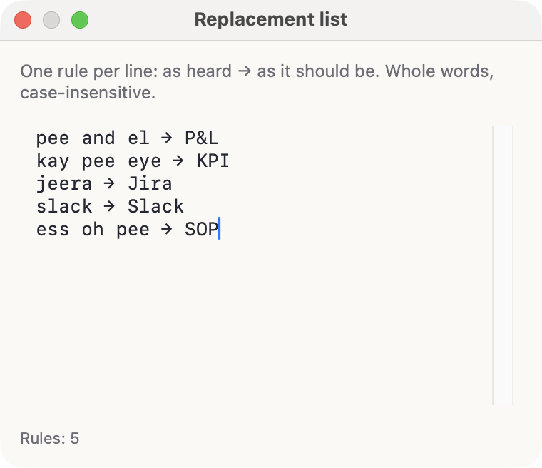The Replacement list window: rules in the form heard arrow intended, with a rule counter at the bottom
