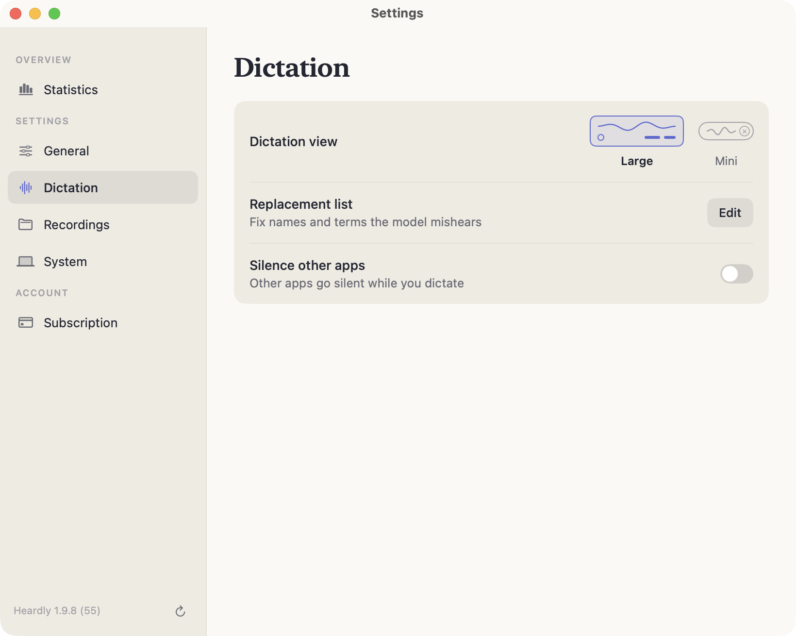 The Dictation section: bar style, replacement list and silencing other apps