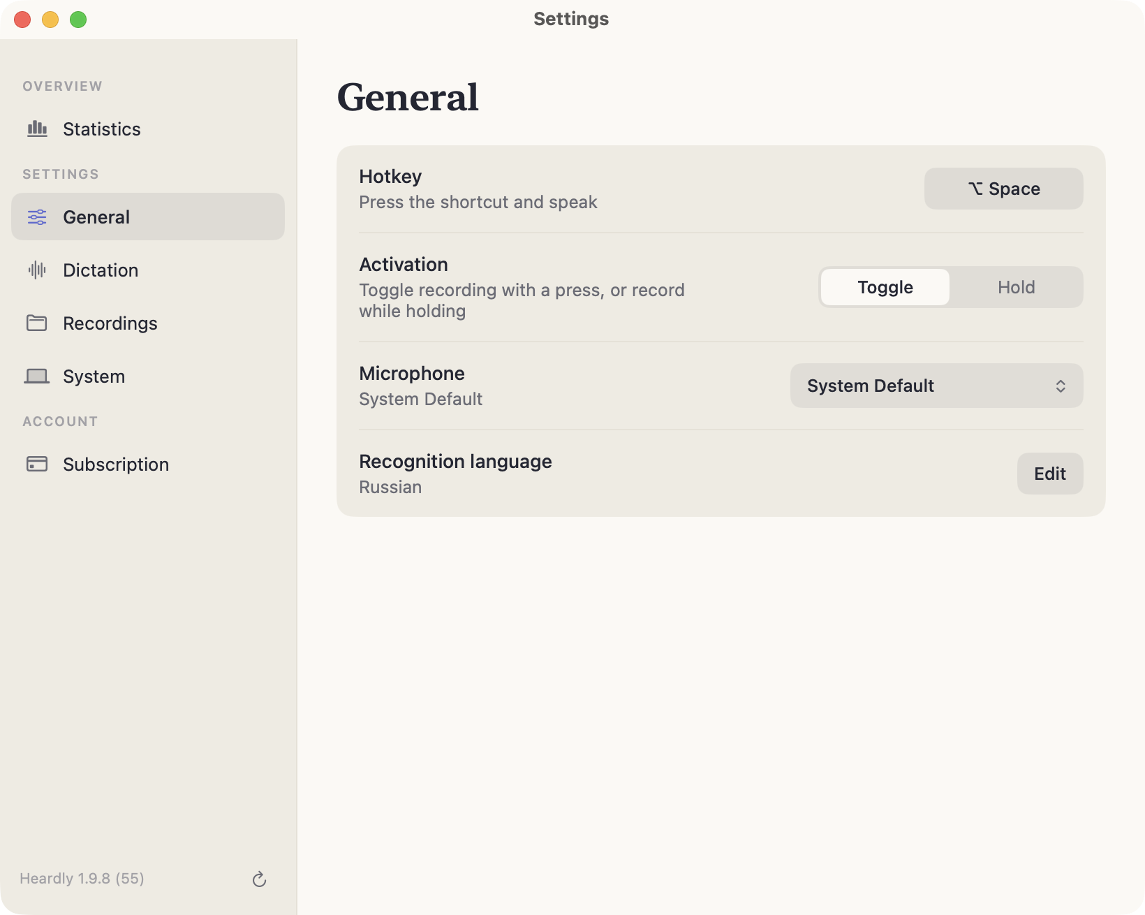 The General section of Heardly settings: shortcut, dictation activation, microphone and recognition language