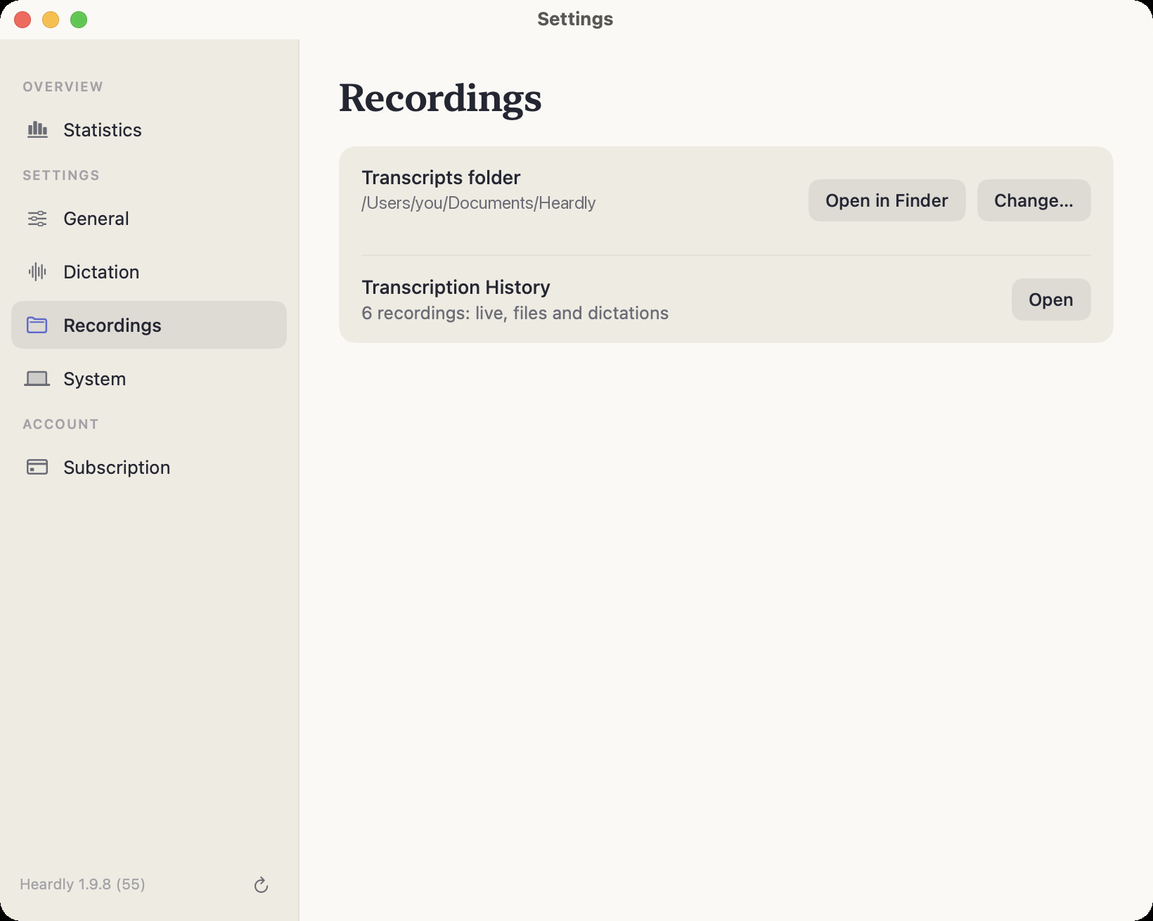 The Recordings section: the transcripts folder path and the button that opens History