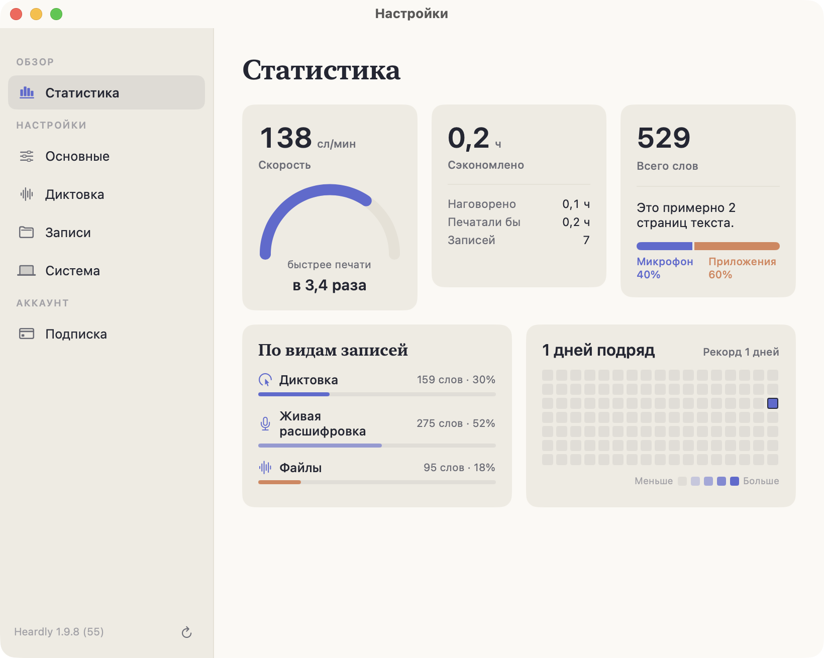 Раздел «Статистика»: скорость речи, сэкономленное время, всего слов, разбивка по видам записей и календарь активности